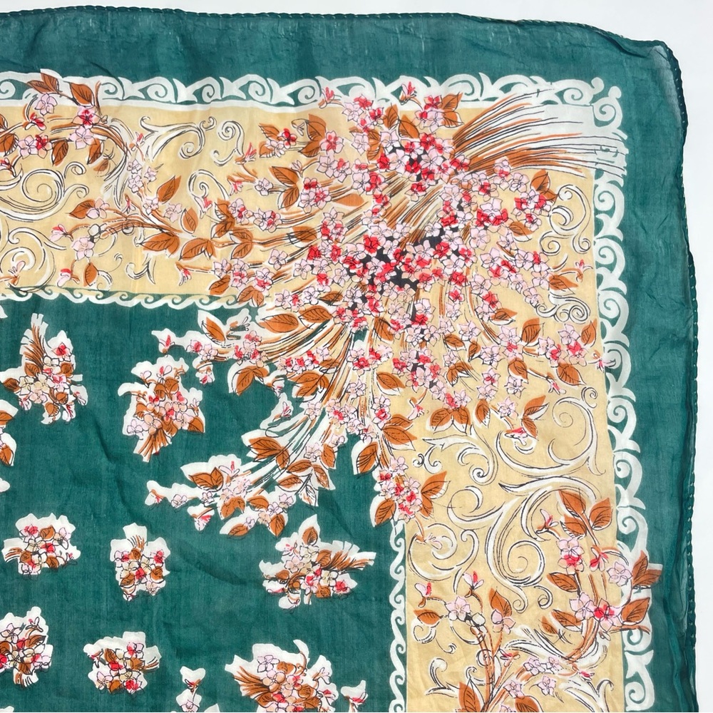 Vintage Silk Scarf Floral FLAWS Green Cream Retro Square Border Women Autumn‎ - Picture 3 of 16